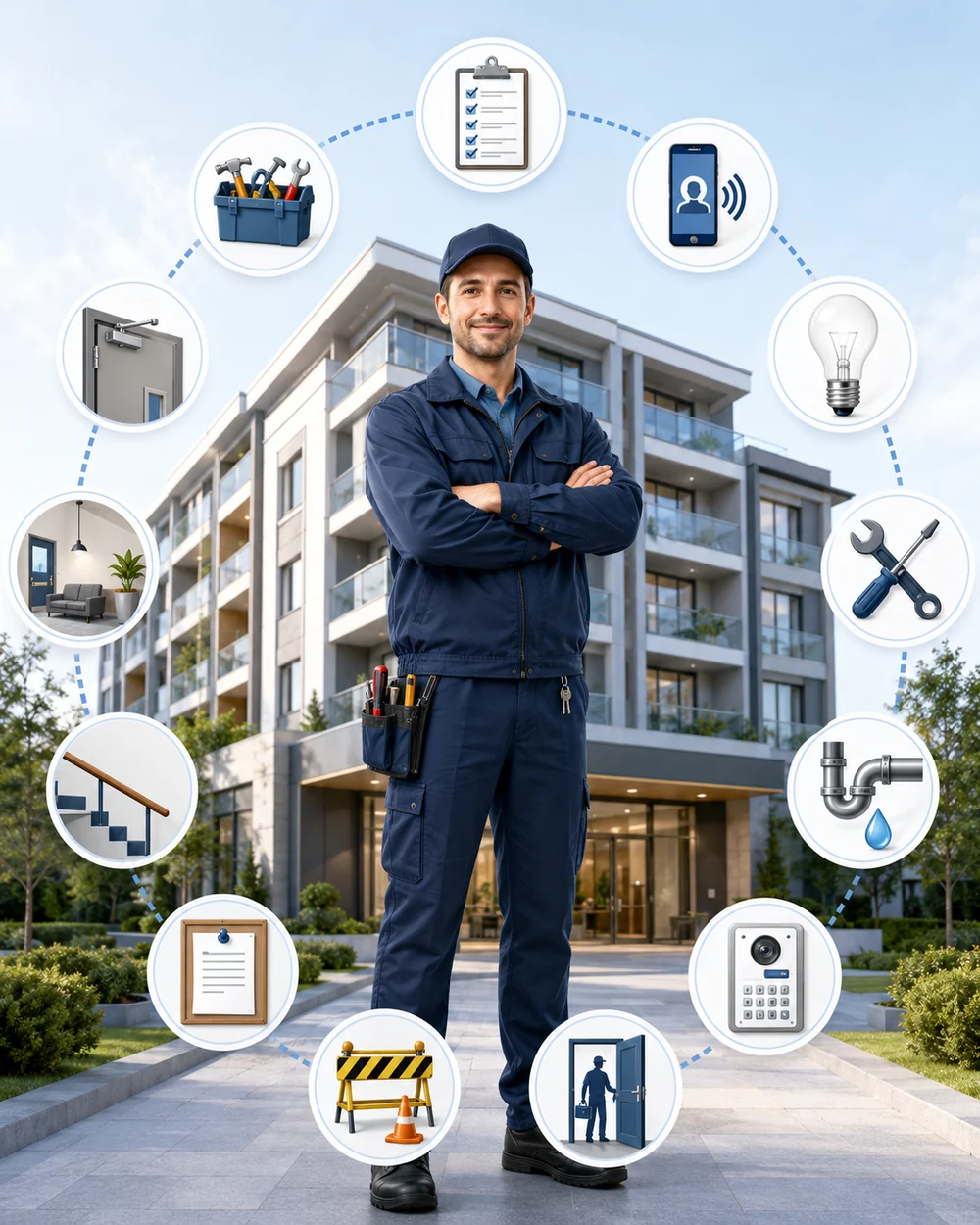 Îngrijitor de imobile în fața unui bloc modern și bine întreținut, înconjurat de simboluri pentru verificări, reparații simple, iluminat, instalații, interfon și raportare